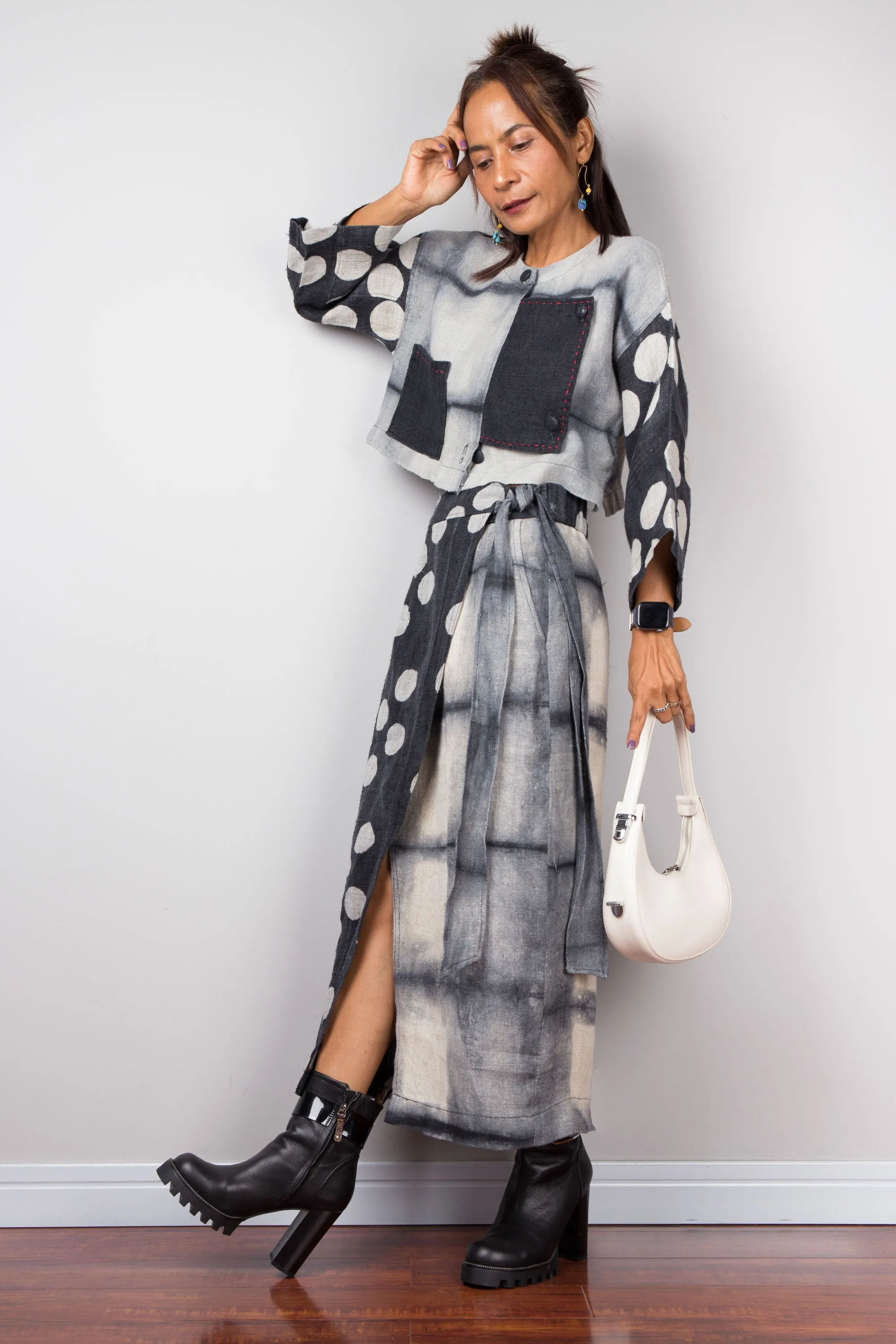 Skirt and crop jacket set (shibori and polka dot)