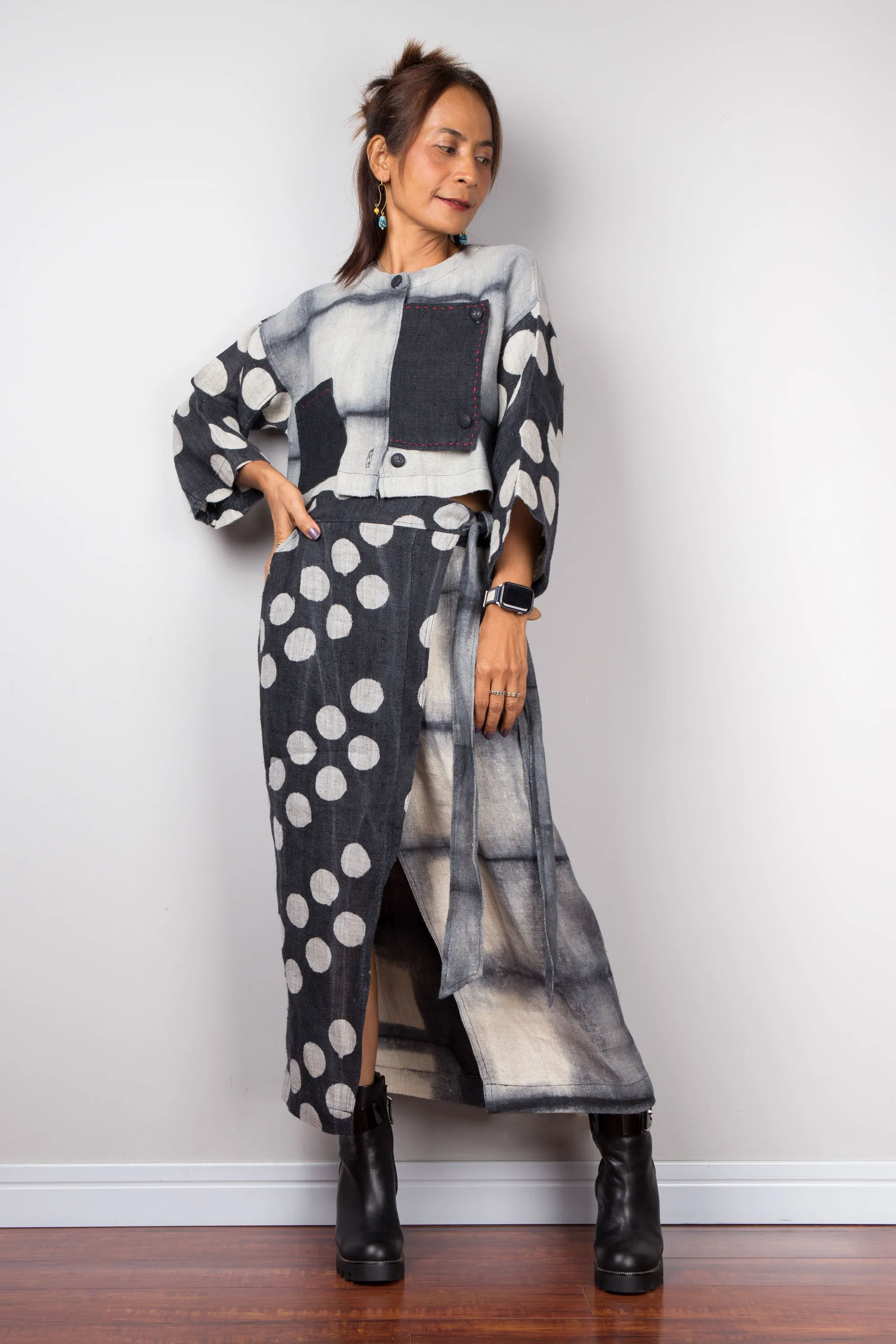 Skirt and crop jacket set (shibori and polka dot)