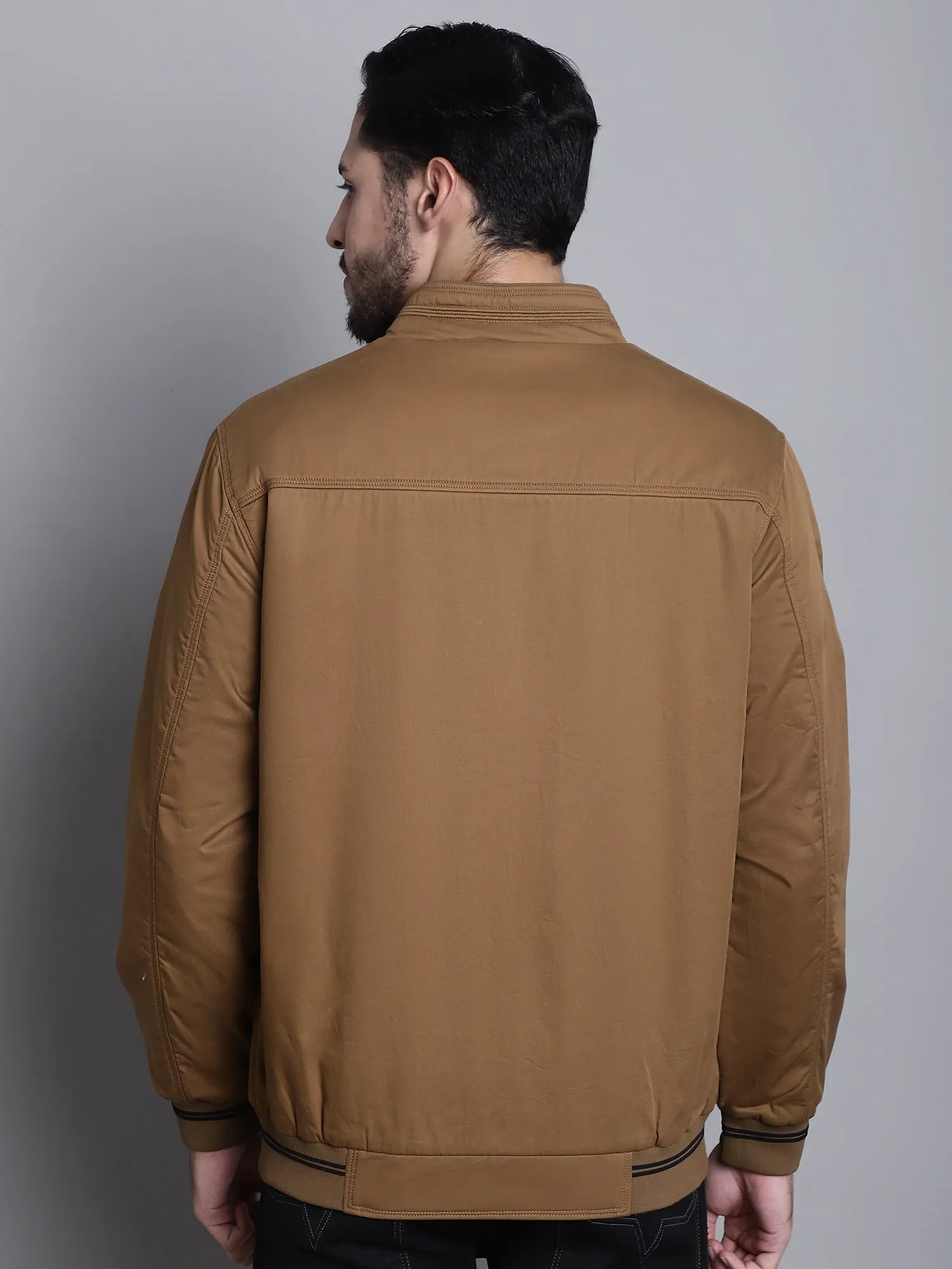 Solid Brown Full Sleeves Mock Collar Regular Fit Casual Jacket for Mens