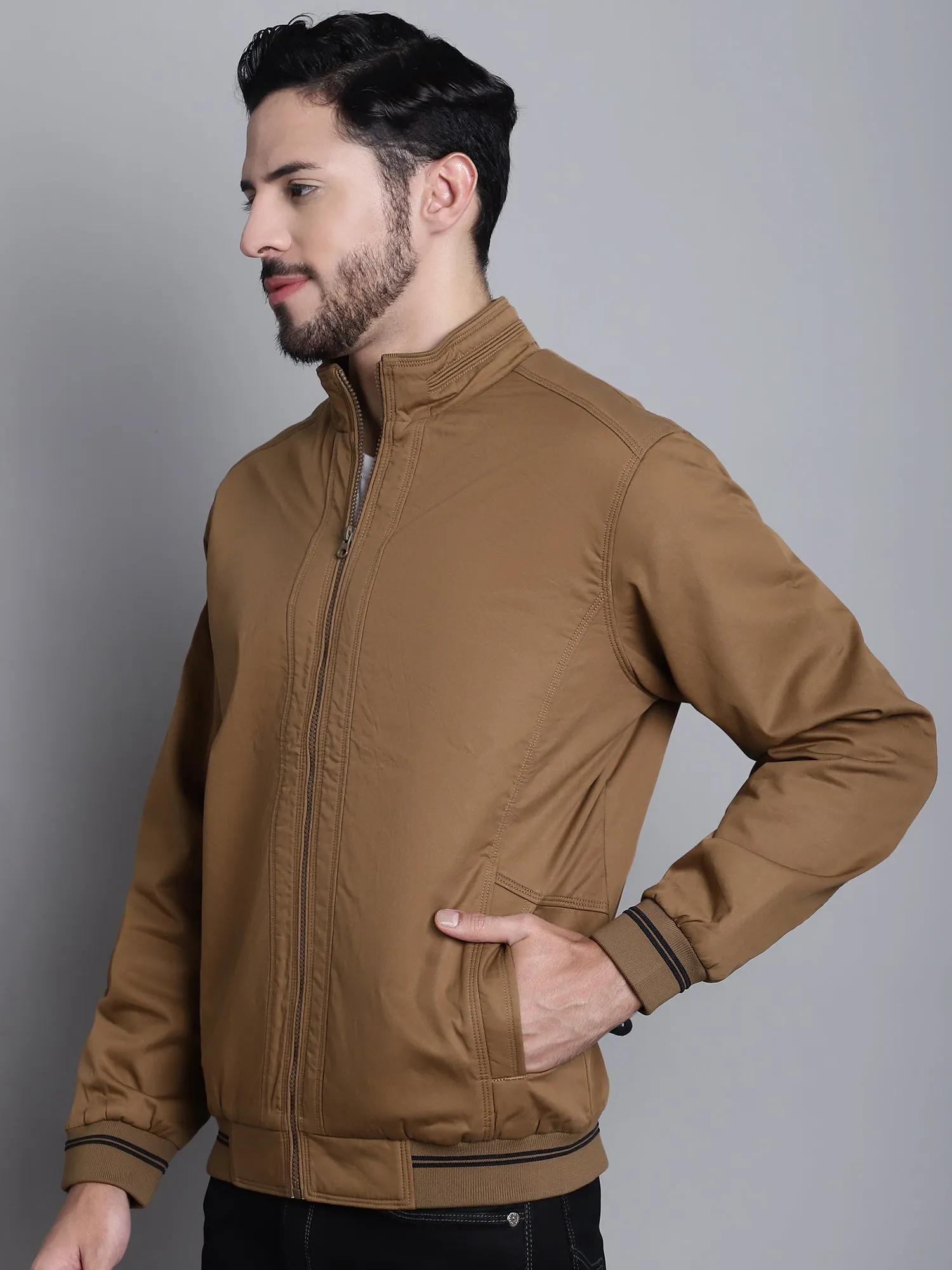 Solid Brown Full Sleeves Mock Collar Regular Fit Casual Jacket for Mens