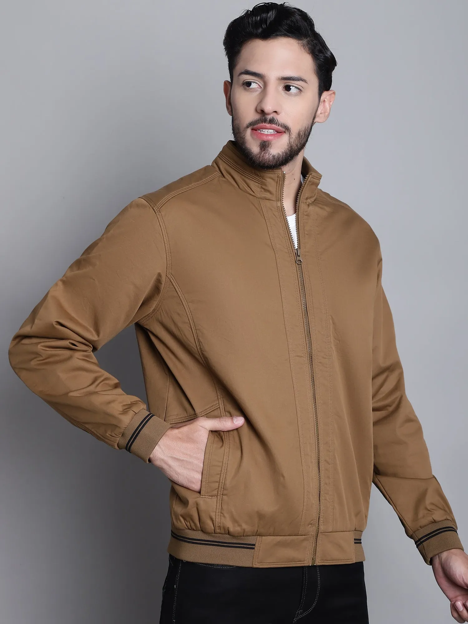 Solid Brown Full Sleeves Mock Collar Regular Fit Casual Jacket for Mens