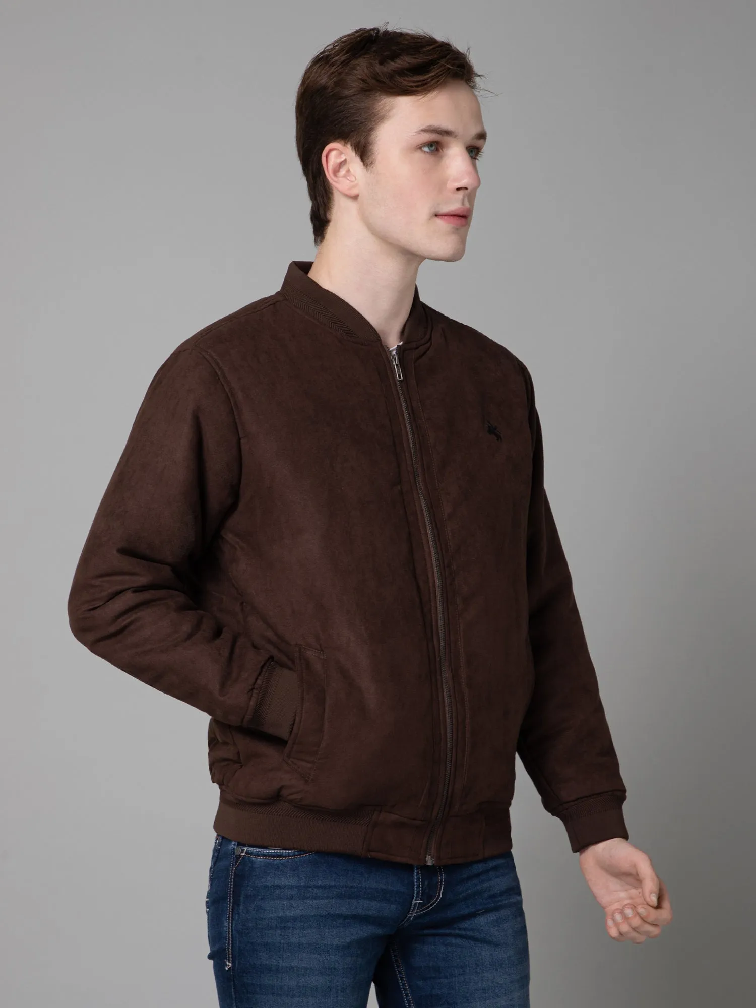 Solid Brown Full Sleeves Stand Collar Regular Fit Jacket for Men