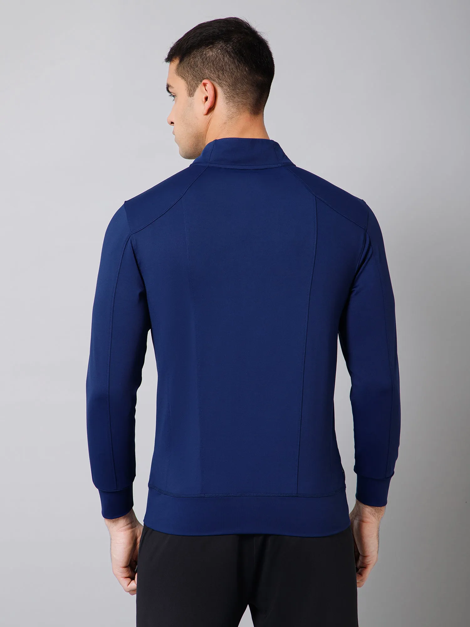 Solid Full Sleeves Mock Collar Regular Fit Full Zipper Front Men Blue Active Wear Jacket