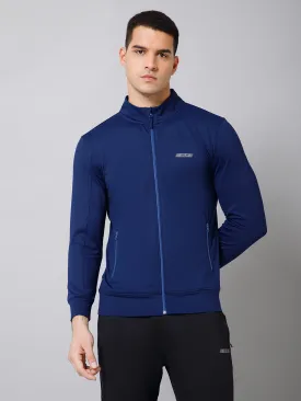 Solid Full Sleeves Mock Collar Regular Fit Full Zipper Front Men Blue Active Wear Jacket