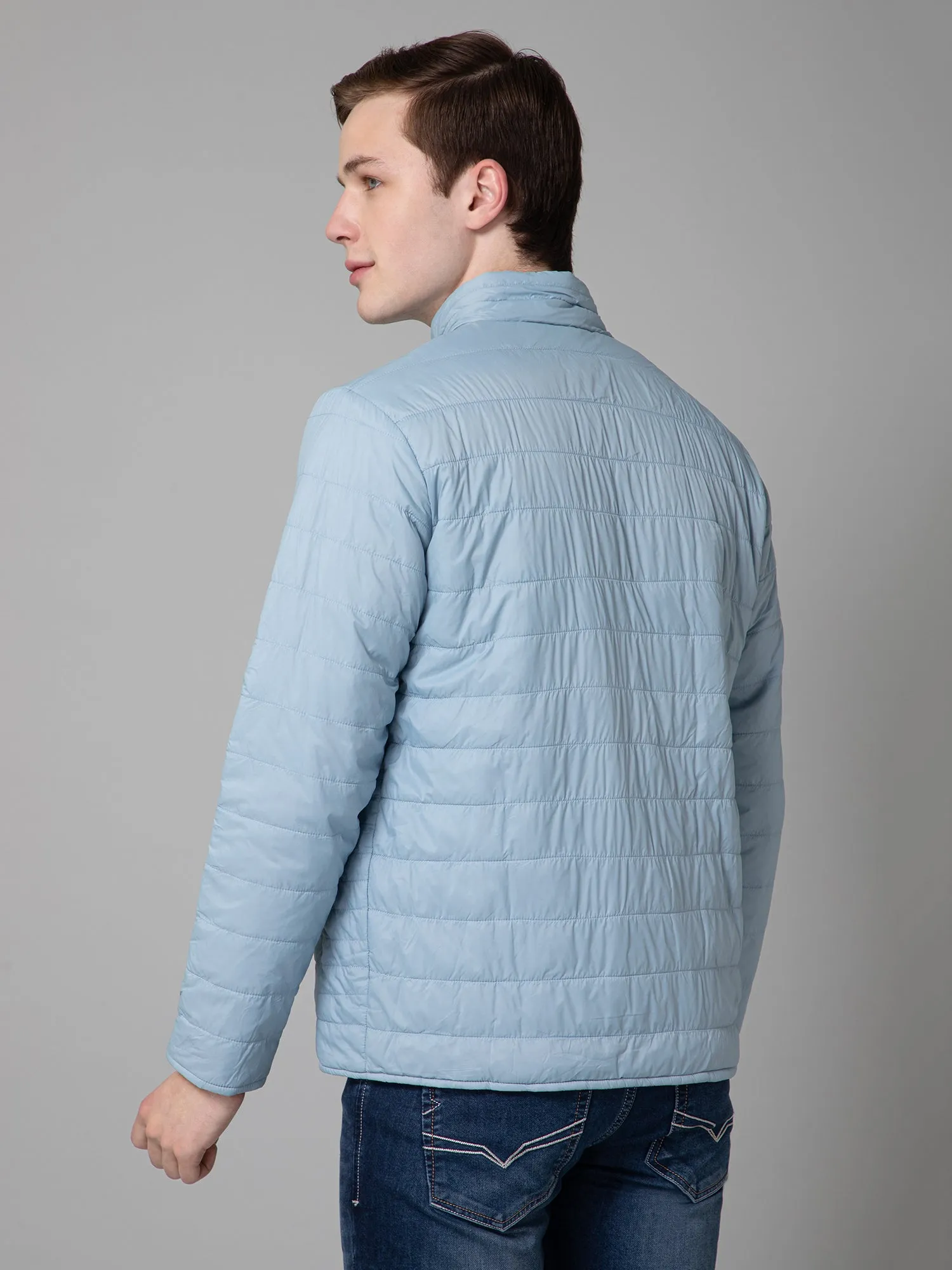 Solid Sky Blue Full Sleeves Mock Collar Regular Fit Reversible Puffer Jacket for Men