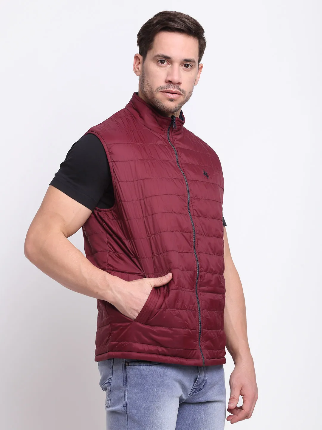 Solid Wine Sleeveless Mock Collar Regular Fit Reversible Casual Jacket For Men