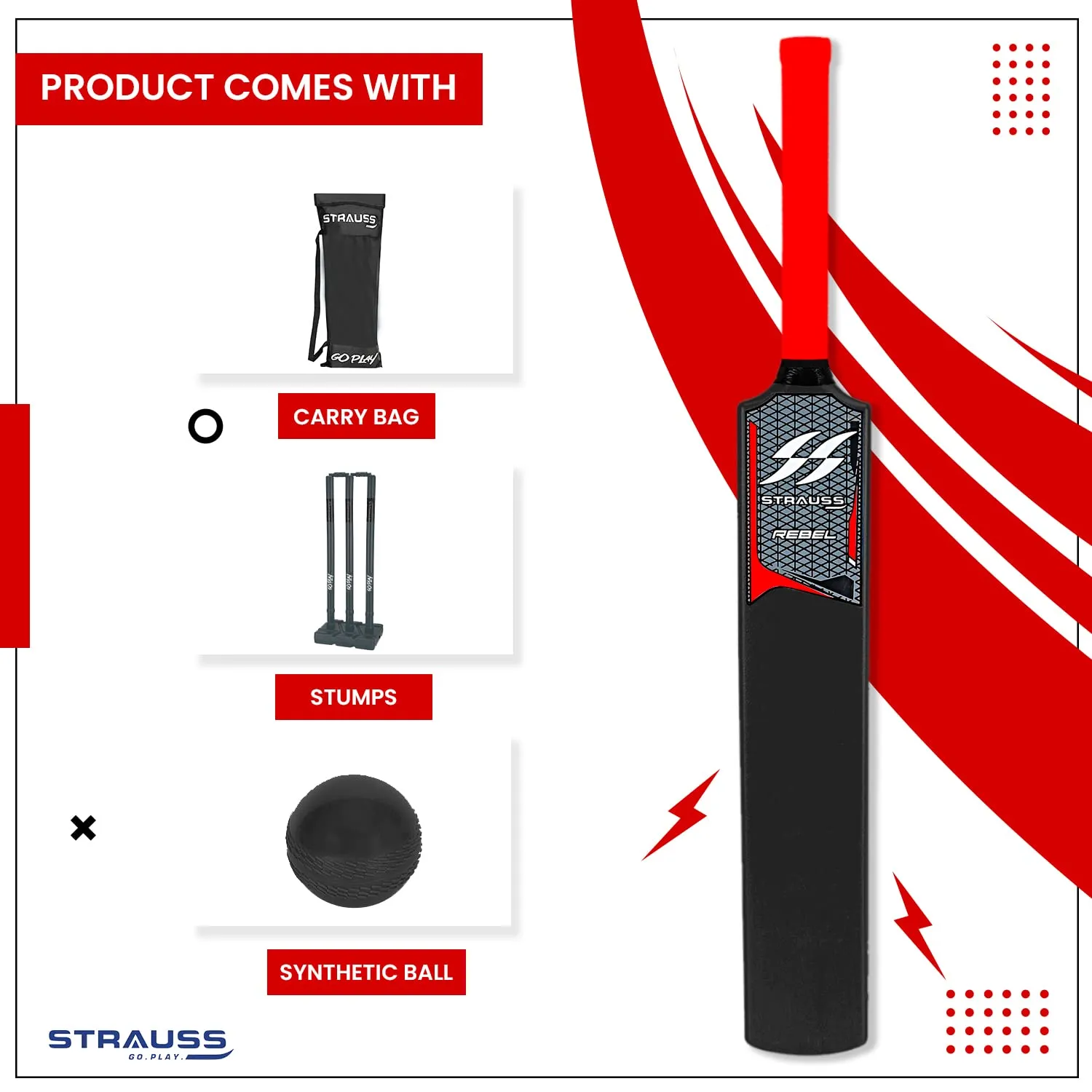 Strauss Cricket Combo Kit Set | Plastic/PVC Cricket Kit Set | Full Size | 1 Bat   1 Ball   3 Stumps   2 Bails   1 Base | Color: Black | for All Age Groups | Tennis & Synthetic Ball Cricket Kit