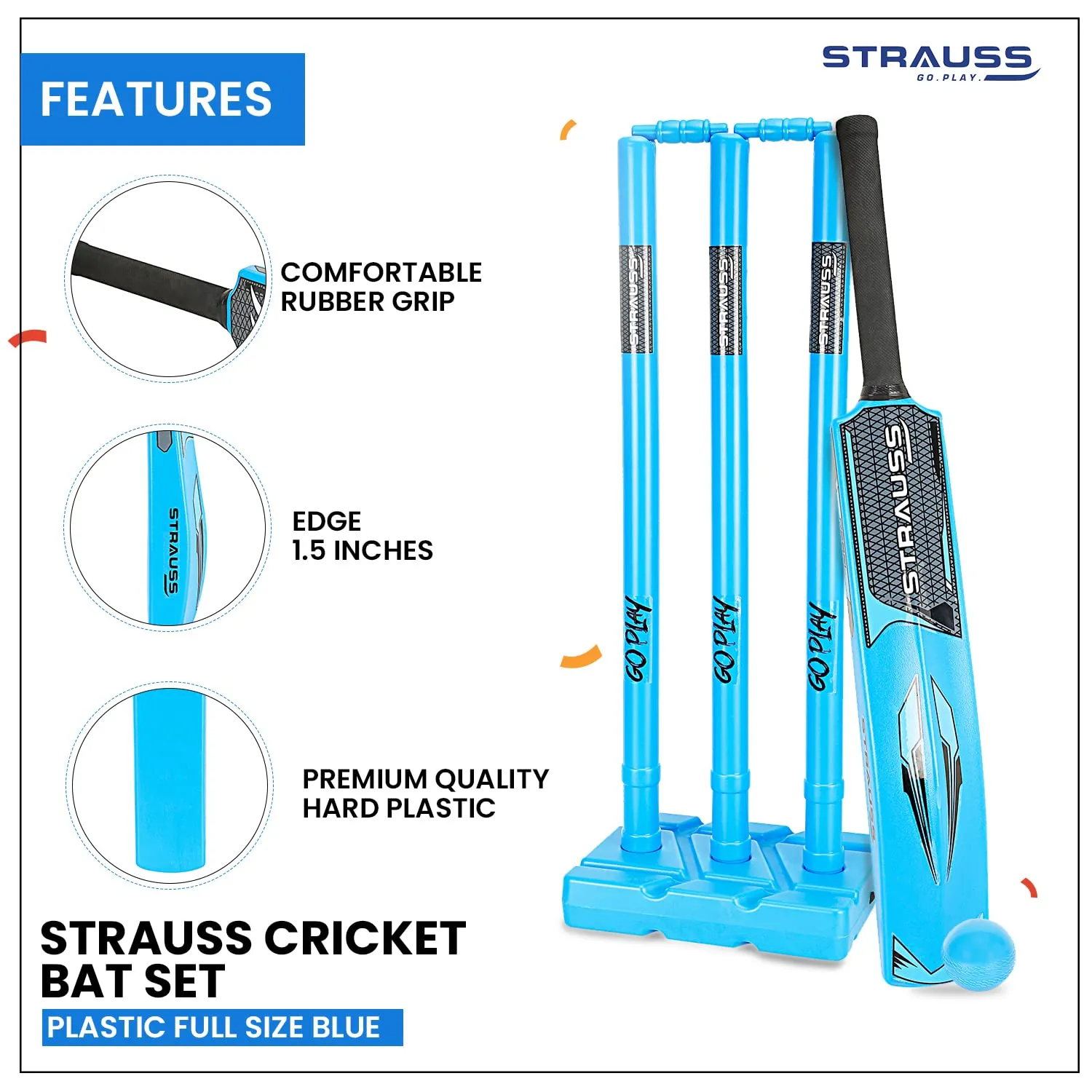 STRAUSS Cricket Set (Full-Size)|Durable Plastic Bat, Ball, Wickets| Beginner's Kit for Kids and Adults|Lightweight and Easy-to-Handle|Complete Cricket Gear for Outdoor Fun and Practice Sessions,(Blue)