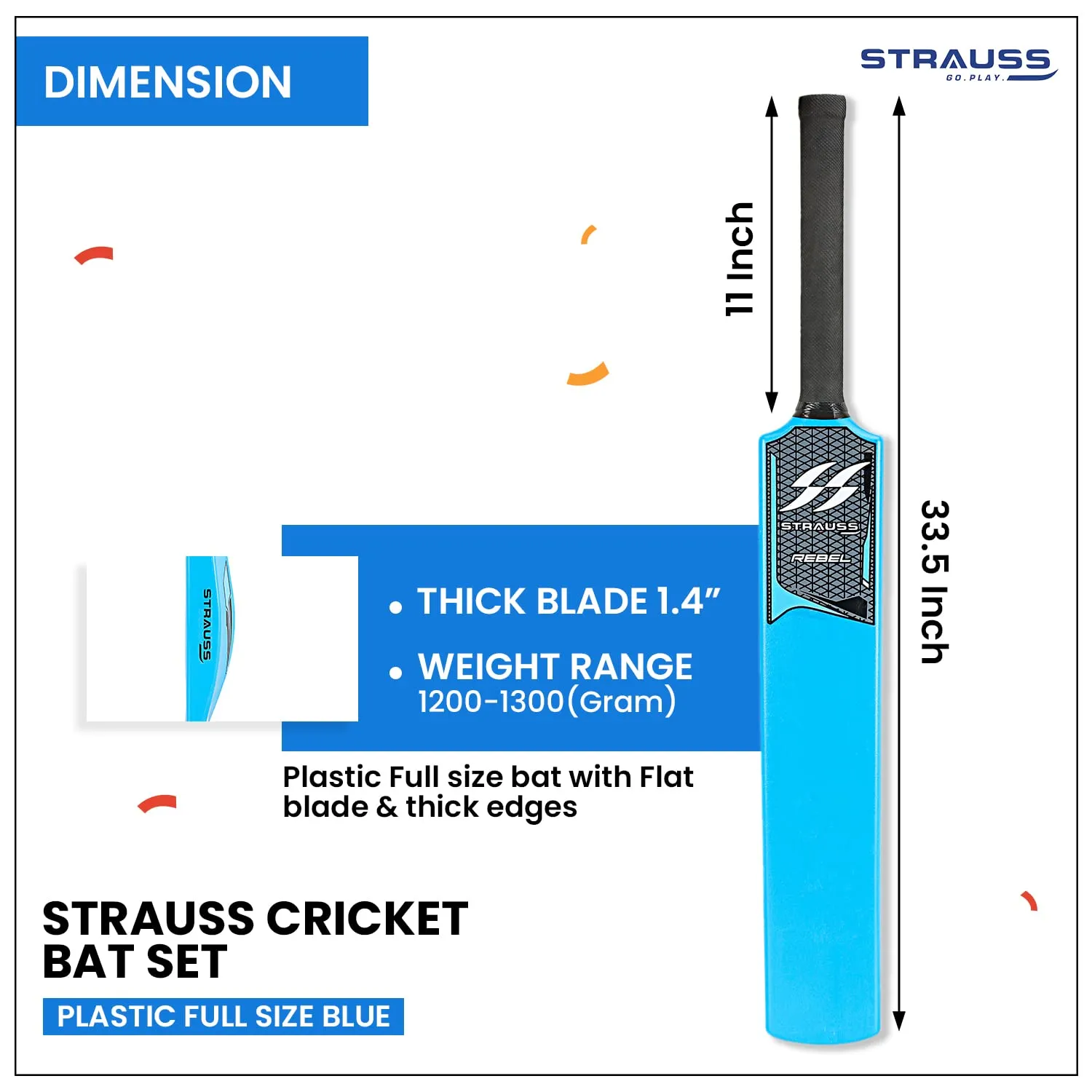 STRAUSS Cricket Set (Full-Size)|Durable Plastic Bat, Ball, Wickets| Beginner's Kit for Kids and Adults|Lightweight and Easy-to-Handle|Complete Cricket Gear for Outdoor Fun and Practice Sessions,(Blue)