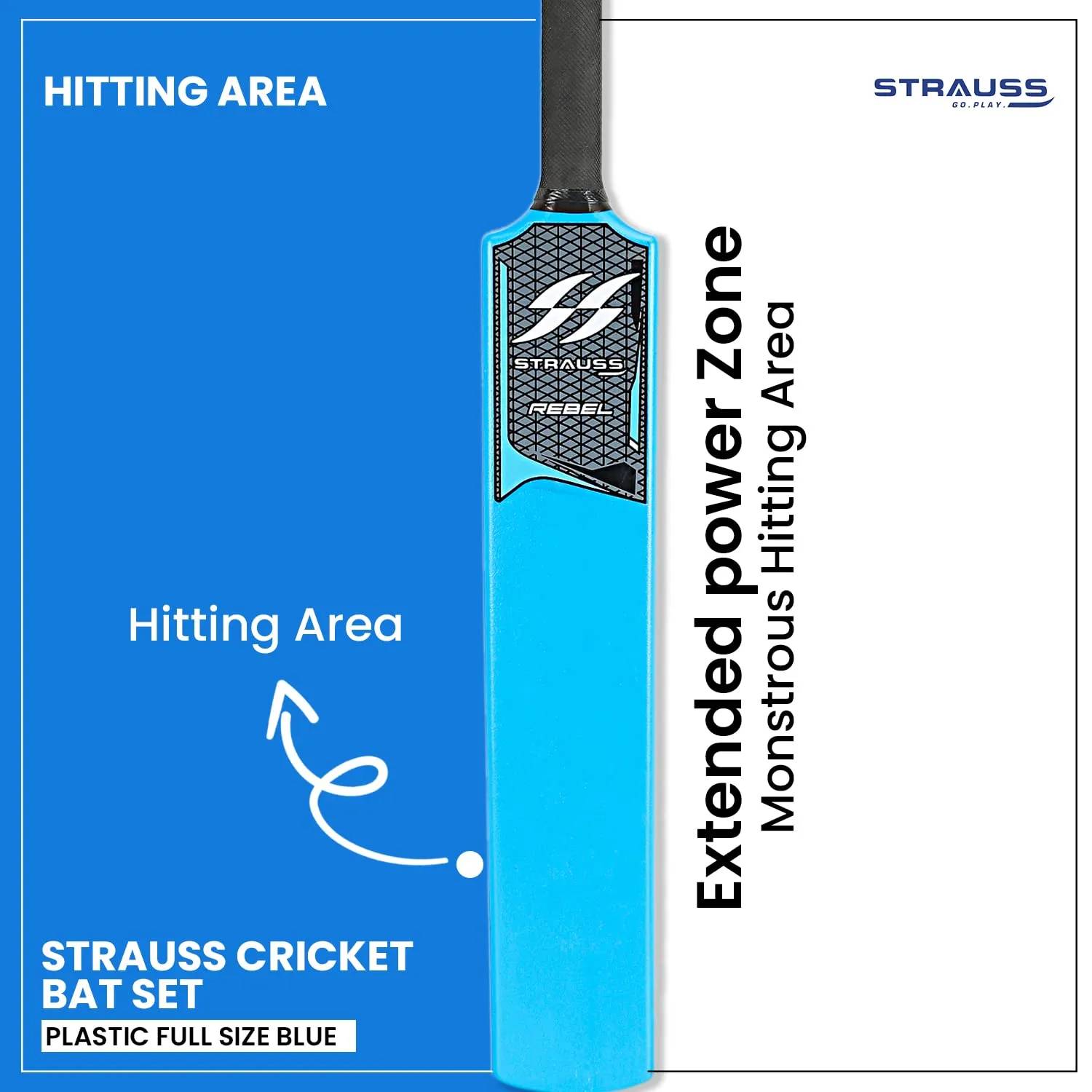 STRAUSS Cricket Set (Full-Size)|Durable Plastic Bat, Ball, Wickets| Beginner's Kit for Kids and Adults|Lightweight and Easy-to-Handle|Complete Cricket Gear for Outdoor Fun and Practice Sessions,(Blue)