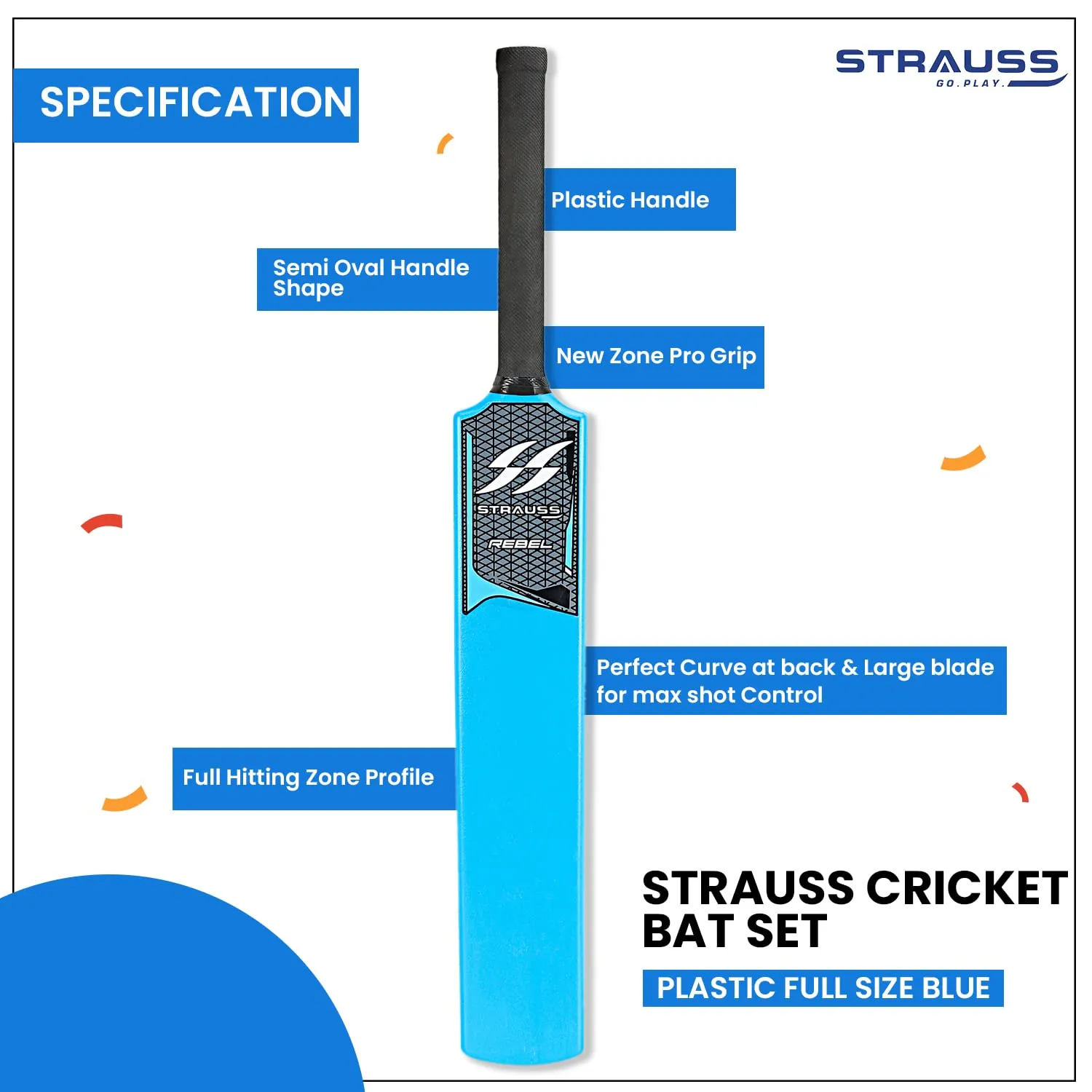 STRAUSS Cricket Set (Full-Size)|Durable Plastic Bat, Ball, Wickets| Beginner's Kit for Kids and Adults|Lightweight and Easy-to-Handle|Complete Cricket Gear for Outdoor Fun and Practice Sessions,(Blue)