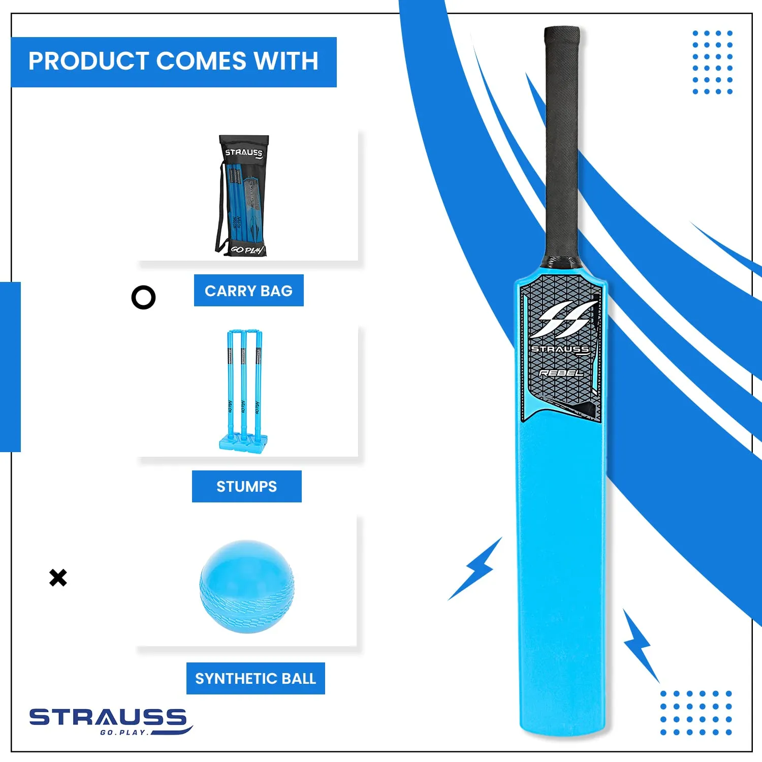 STRAUSS Cricket Set (Full-Size)|Durable Plastic Bat, Ball, Wickets| Beginner's Kit for Kids and Adults|Lightweight and Easy-to-Handle|Complete Cricket Gear for Outdoor Fun and Practice Sessions,(Blue)