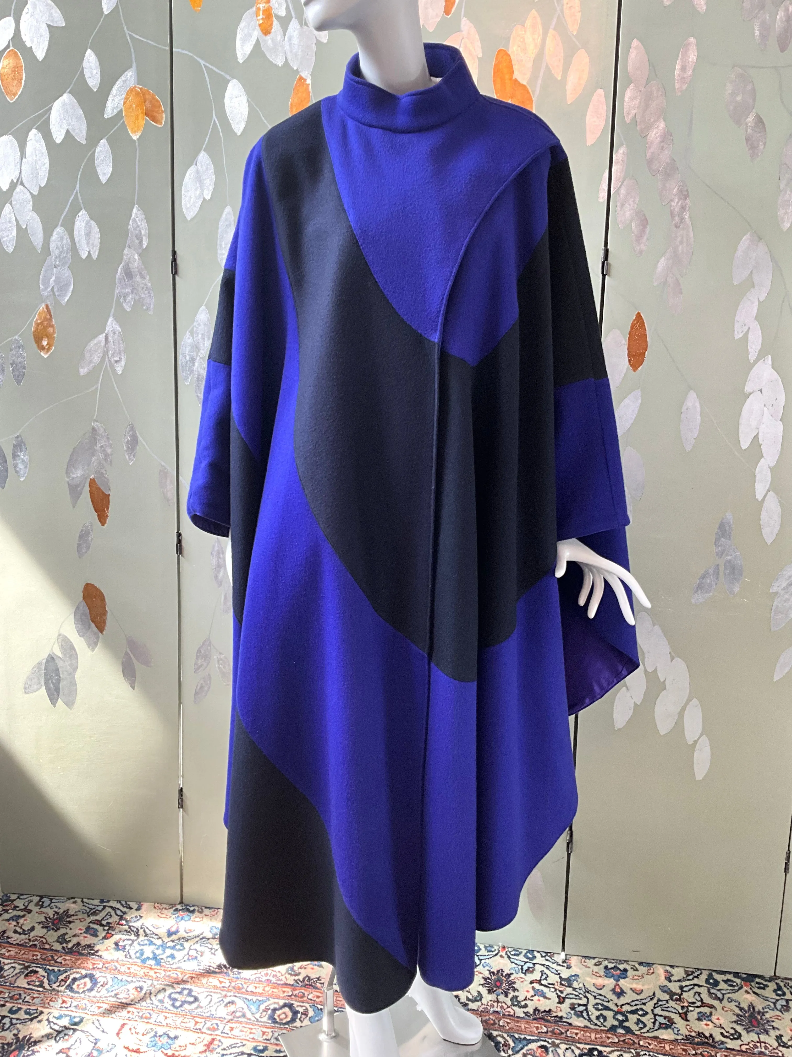 Vintage 1980s Indigo Blue and Black Modernist Wool Cloak Cape