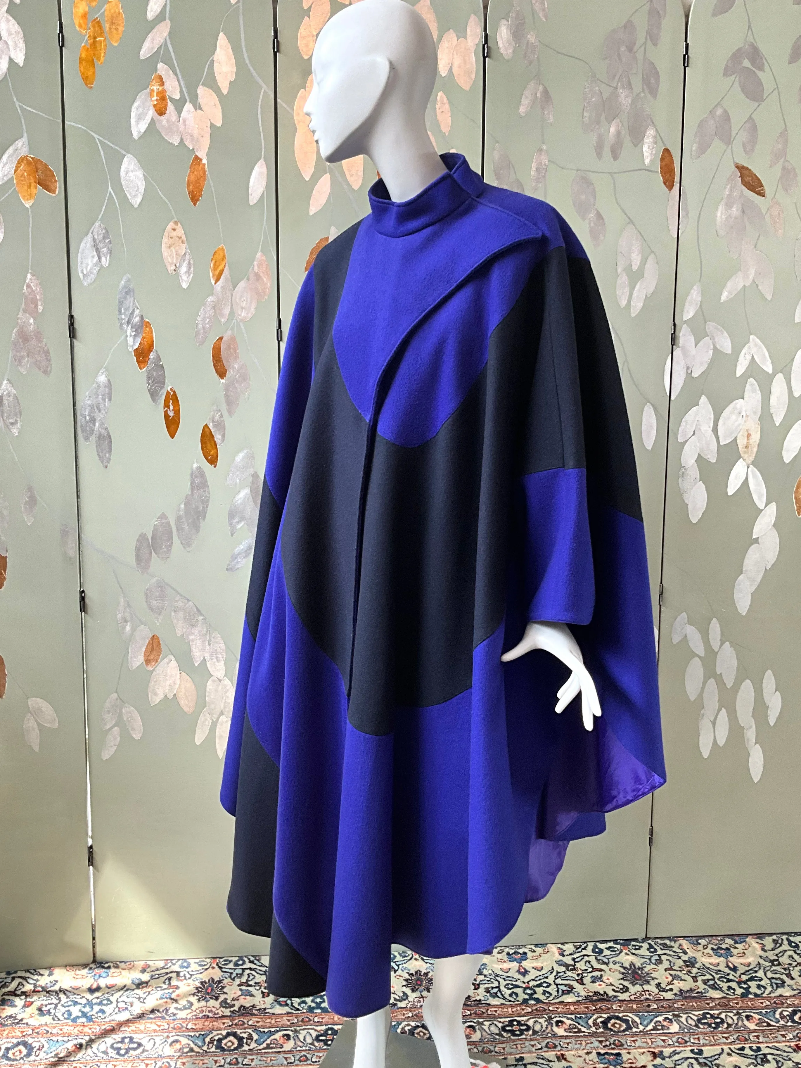 Vintage 1980s Indigo Blue and Black Modernist Wool Cloak Cape