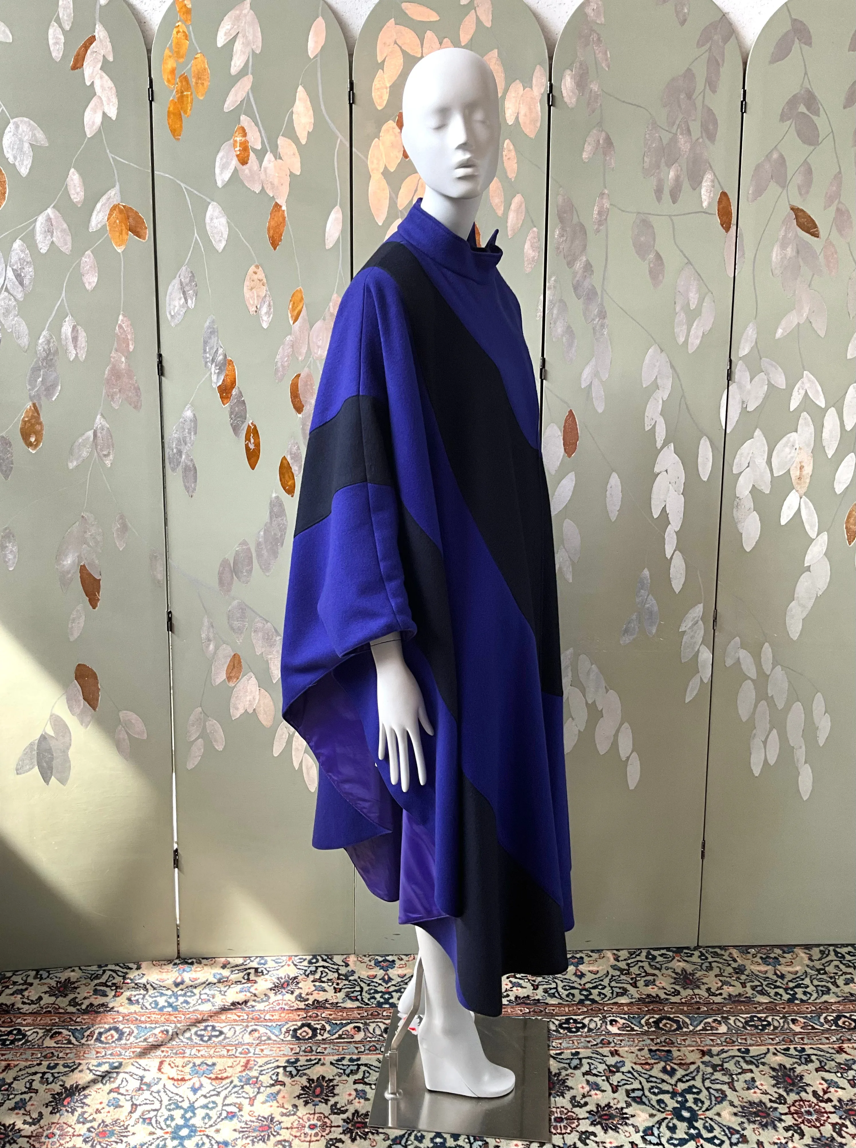 Vintage 1980s Indigo Blue and Black Modernist Wool Cloak Cape