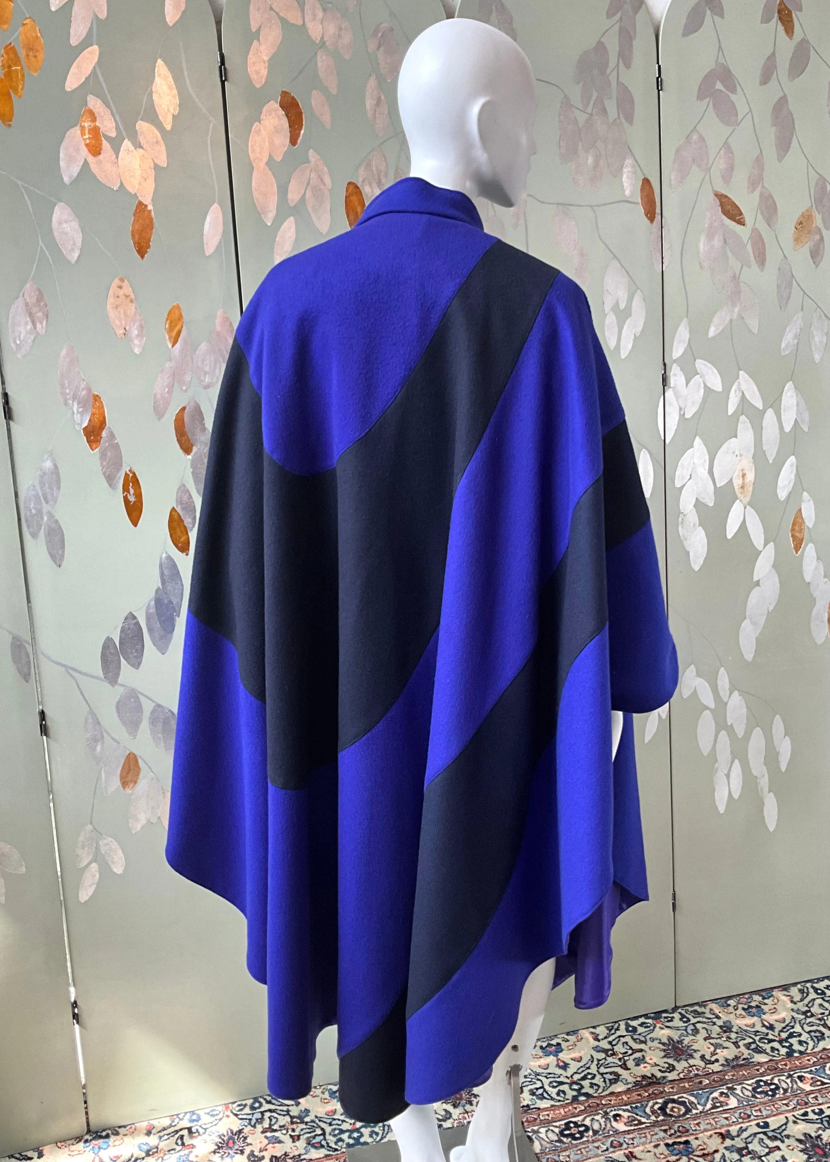 Vintage 1980s Indigo Blue and Black Modernist Wool Cloak Cape