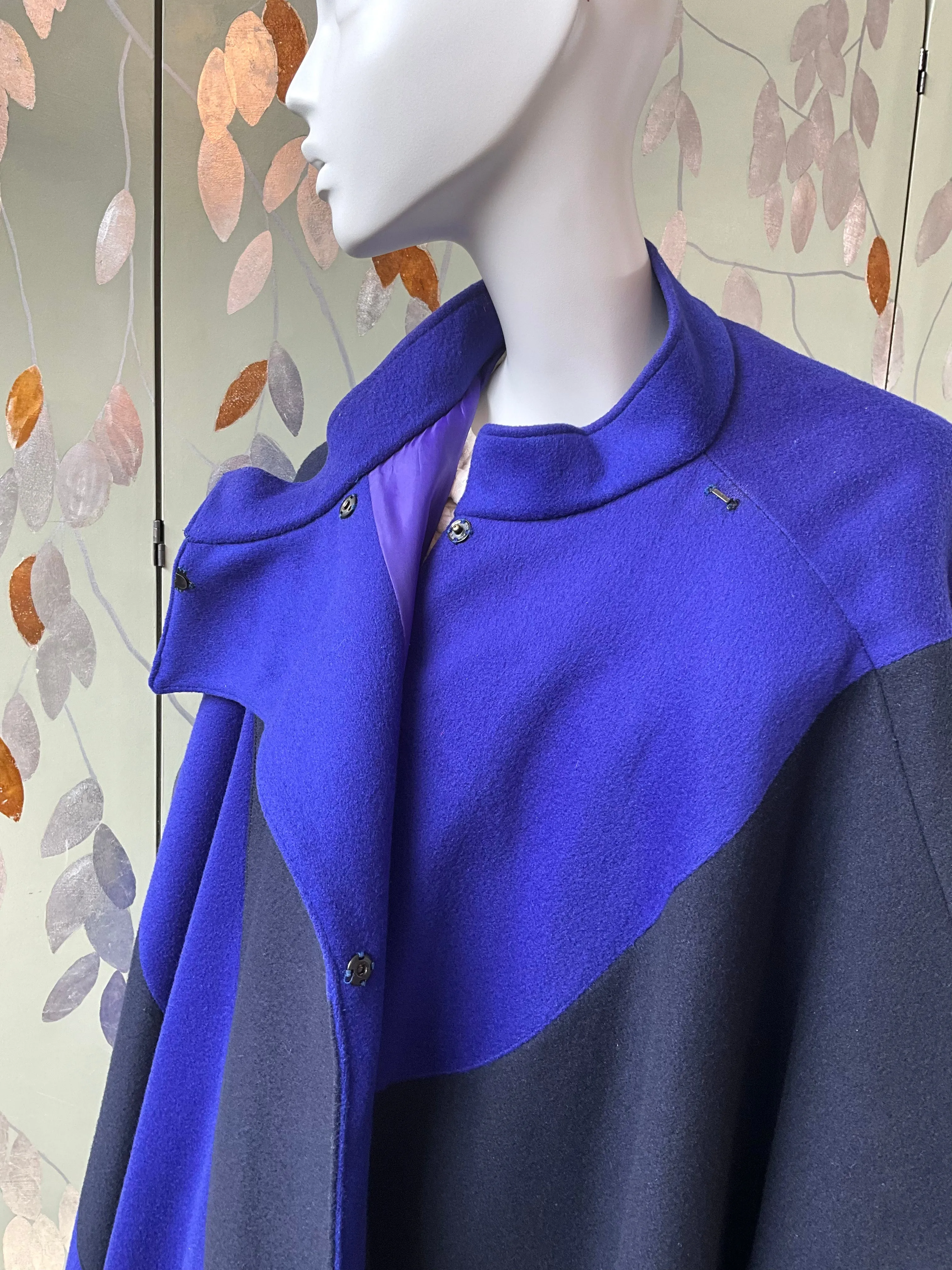 Vintage 1980s Indigo Blue and Black Modernist Wool Cloak Cape