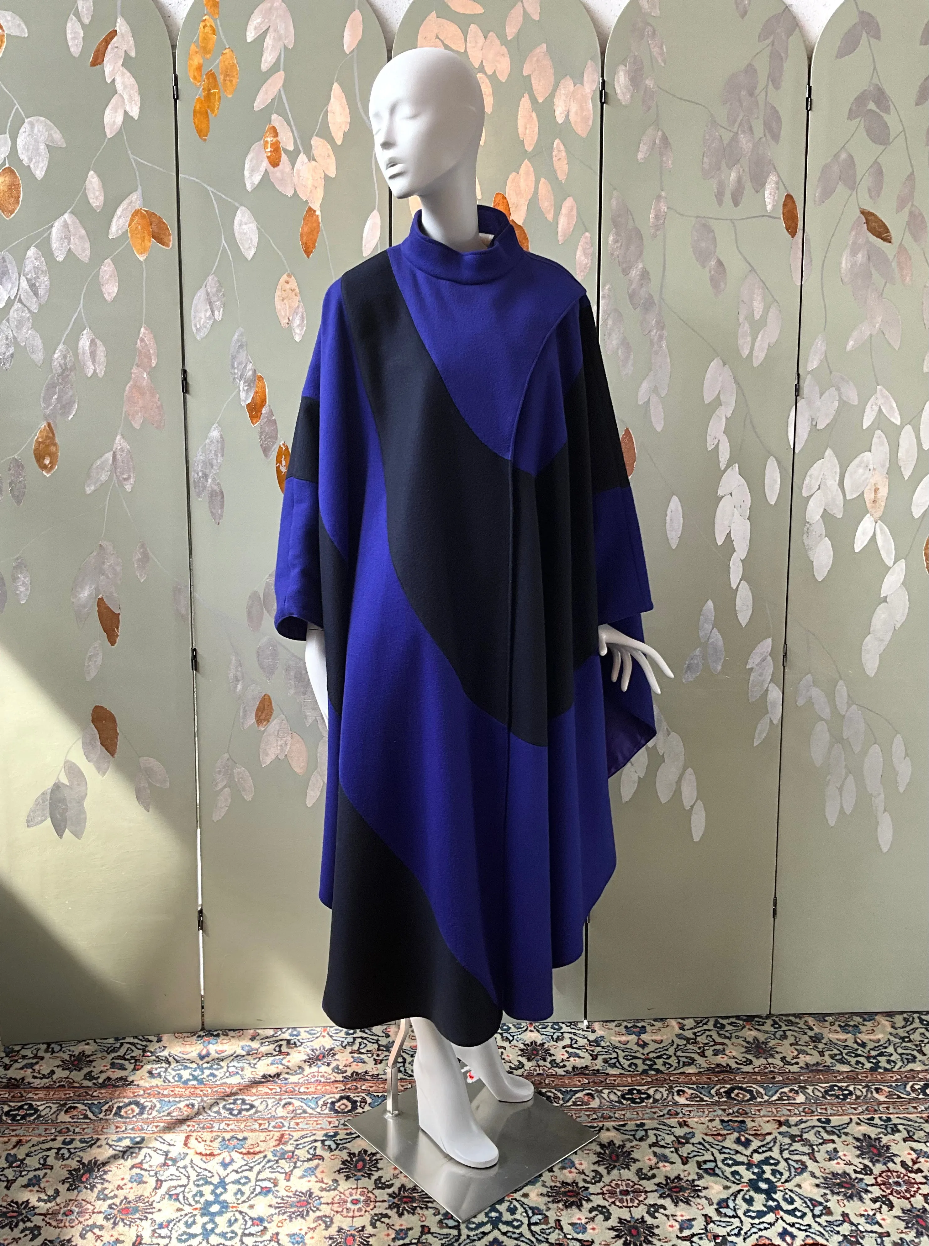 Vintage 1980s Indigo Blue and Black Modernist Wool Cloak Cape