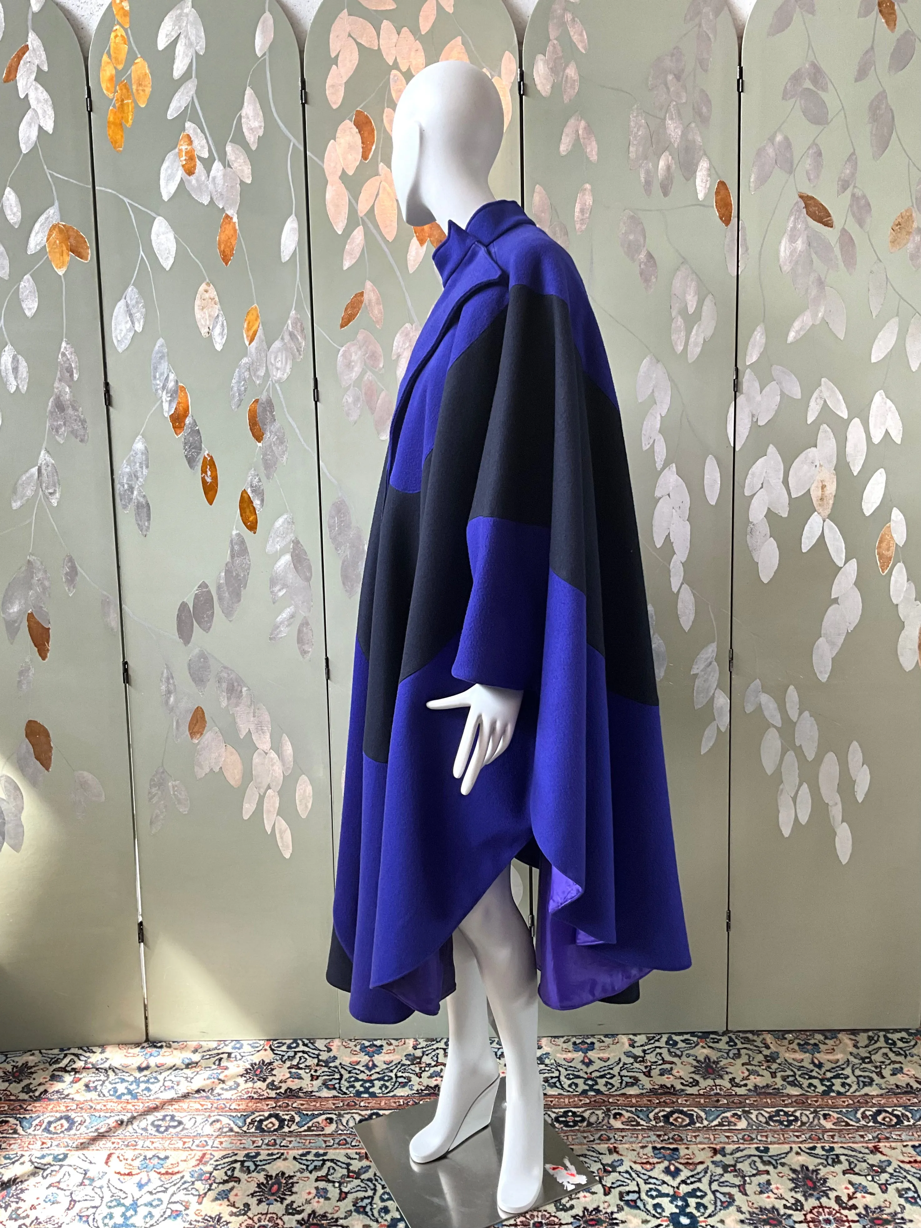 Vintage 1980s Indigo Blue and Black Modernist Wool Cloak Cape