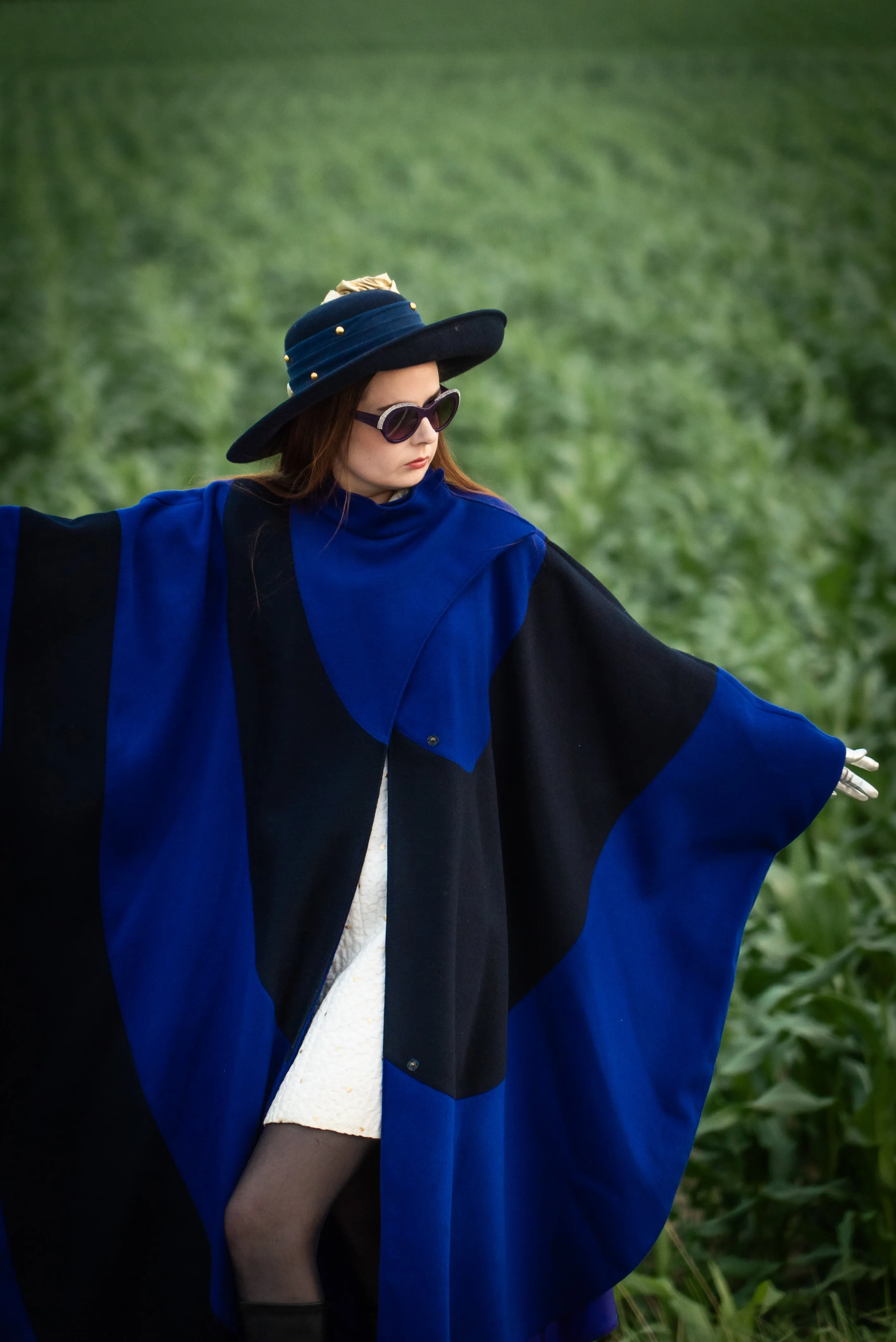 Vintage 1980s Indigo Blue and Black Modernist Wool Cloak Cape