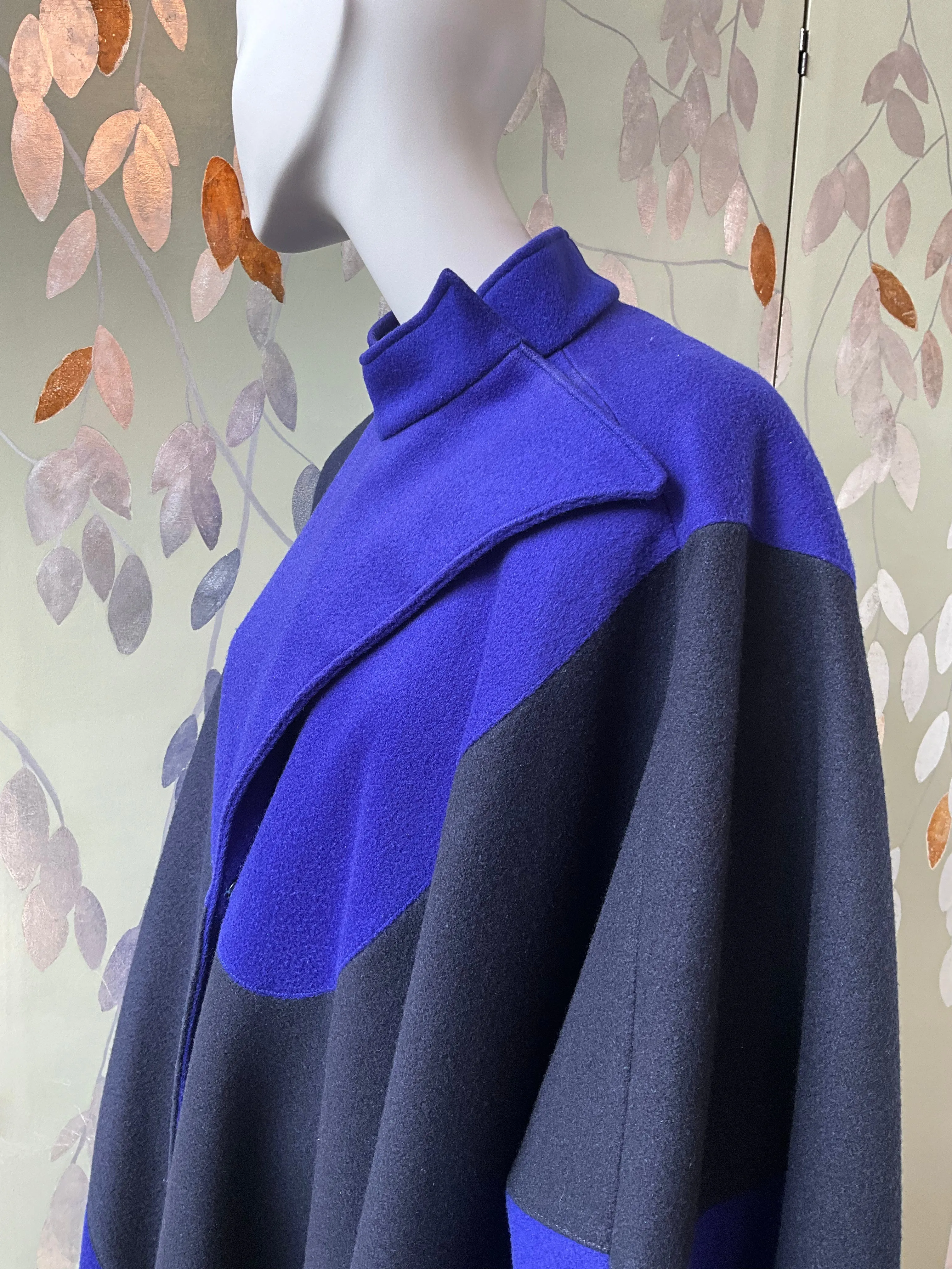 Vintage 1980s Indigo Blue and Black Modernist Wool Cloak Cape