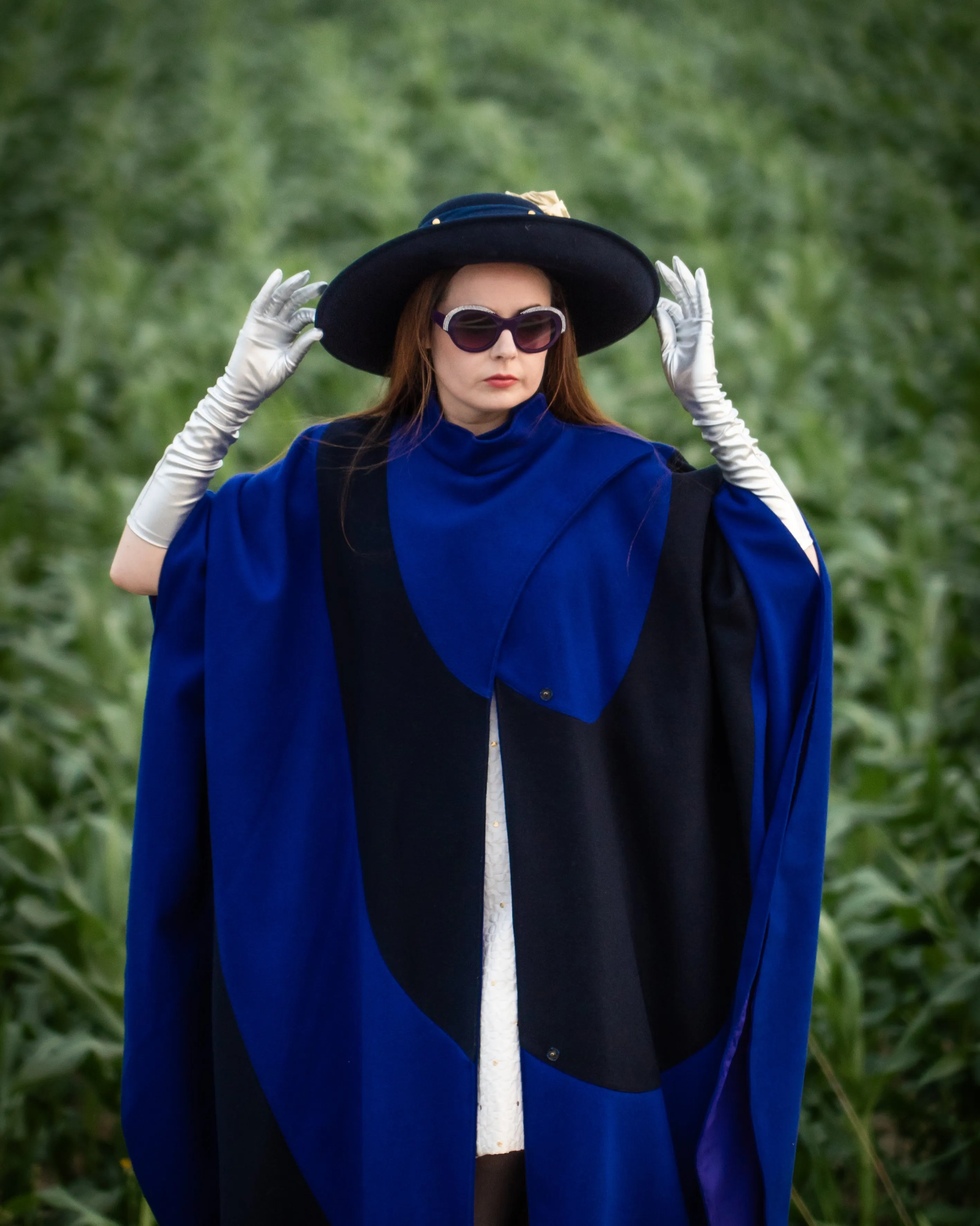 Vintage 1980s Indigo Blue and Black Modernist Wool Cloak Cape