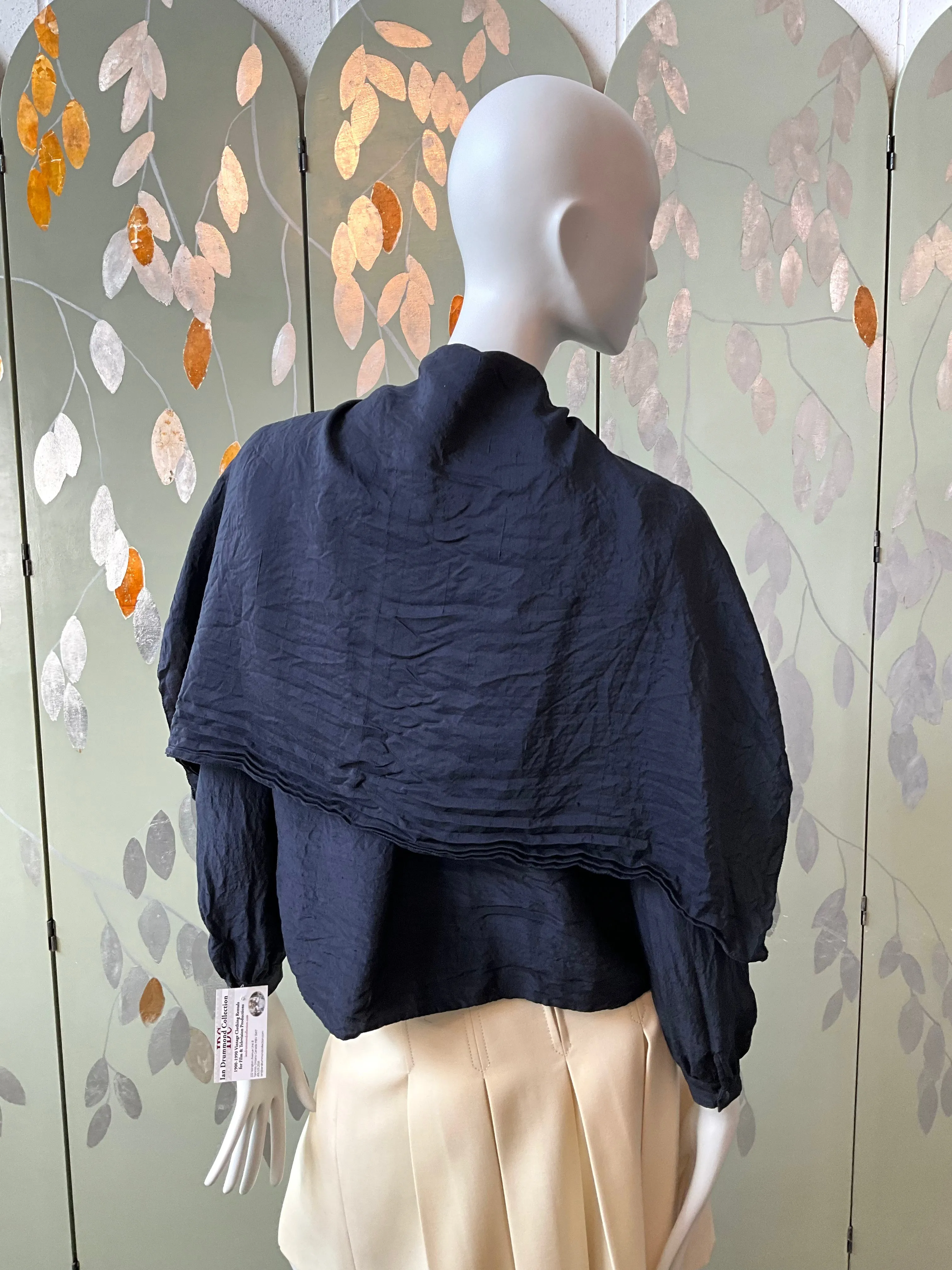 Vintage 1980s Valentino Navy Blue Silk Blouse with Capelet and Ruffle, L-XL