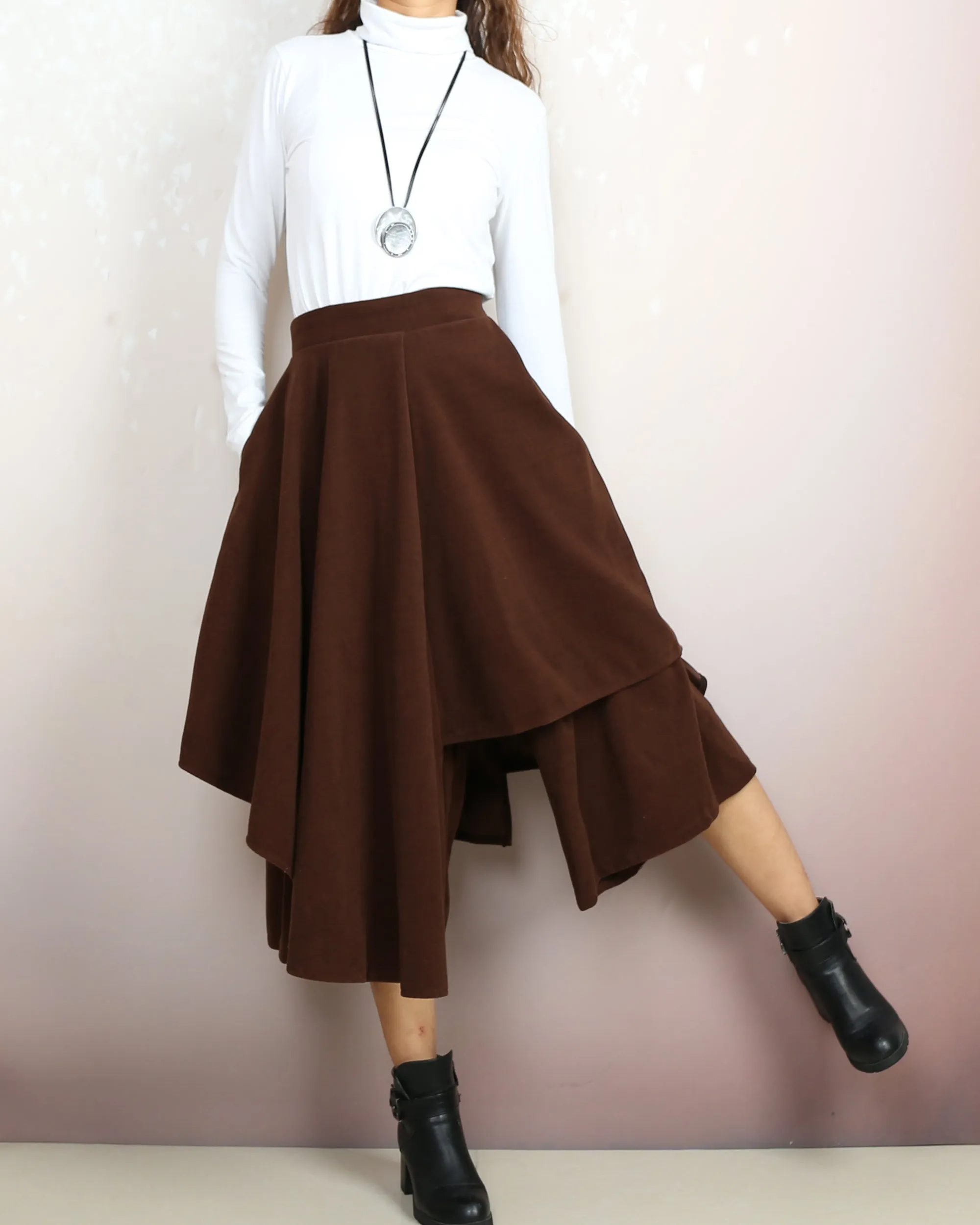 Wide leg pants, Wool skirt pants, Cropped pants, Asymmetrical skirt pants, winter pants, custom made, black pants (K2135)