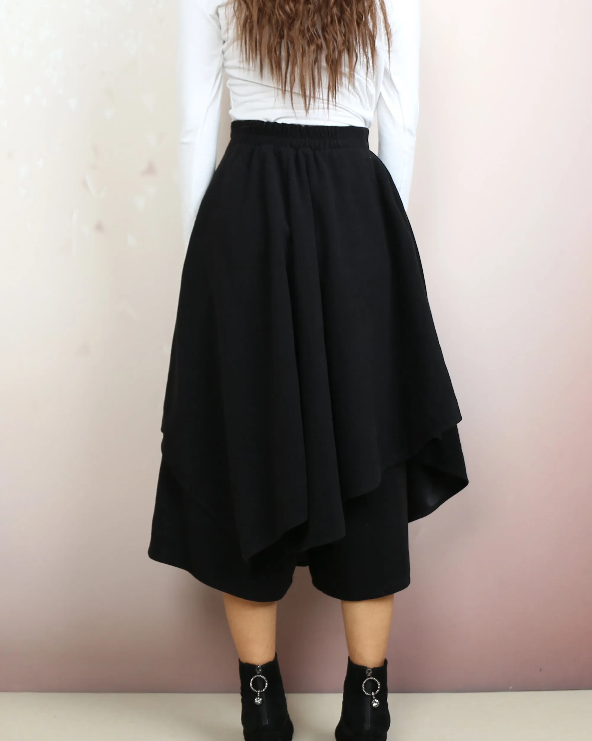 Wide leg pants, Wool skirt pants, Cropped pants, Asymmetrical skirt pants, winter pants, custom made, black pants (K2135)