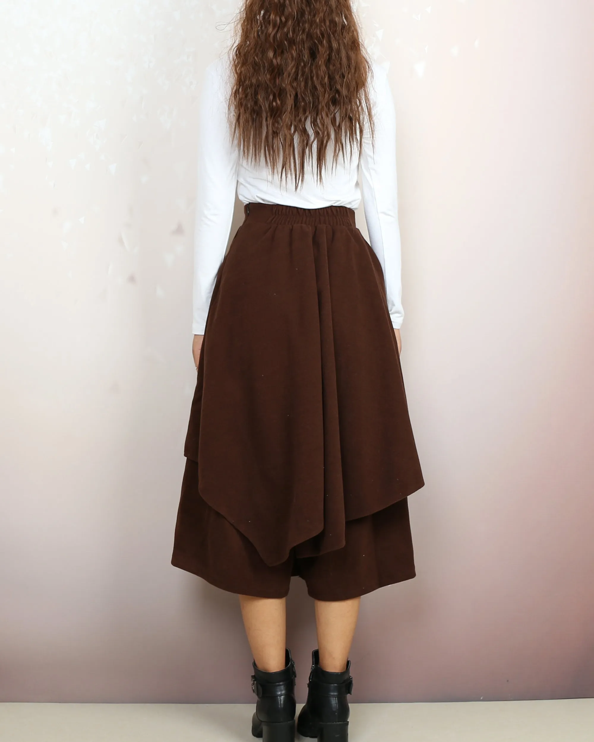 Wide leg pants, Wool skirt pants, Cropped pants, Asymmetrical skirt pants, winter pants, custom made, black pants (K2135)