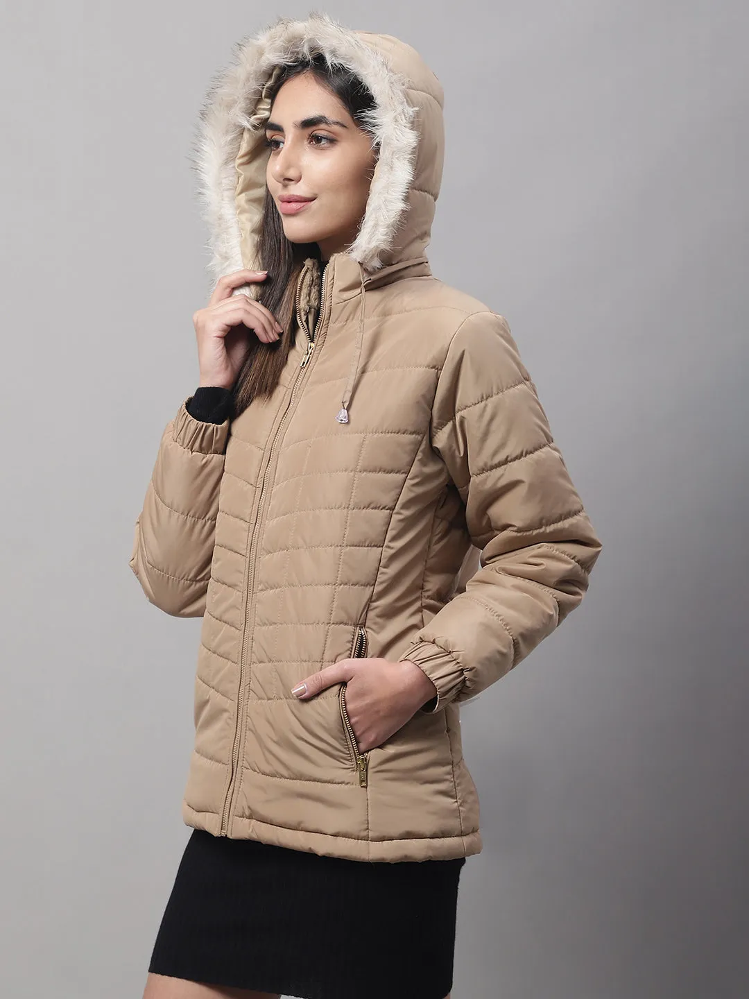 Women's Casual  Khaki Quilted Detachable Hood with Faux Fur trim Jacket