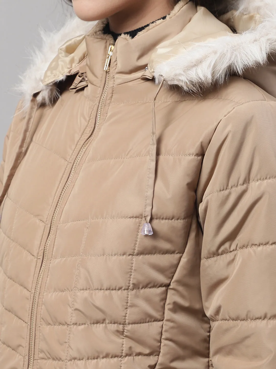 Women's Casual  Khaki Quilted Detachable Hood with Faux Fur trim Jacket