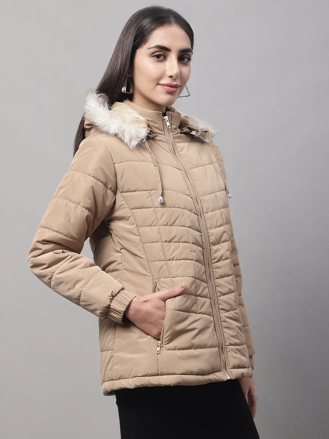 Women's Casual  Khaki Quilted Detachable Hood with Faux Fur trim Jacket