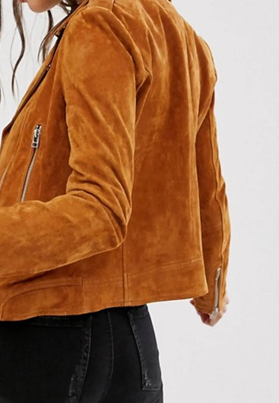 Women’s Genuine Tan Brown Suede Leather Biker Jacket