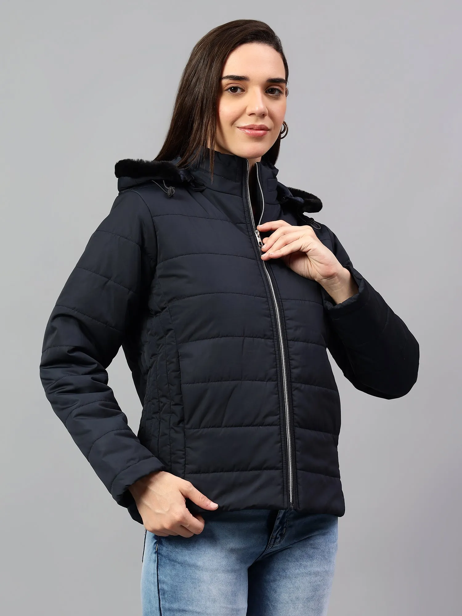 Women's Navy Blue Solid Full Sleeves Winter Jacket