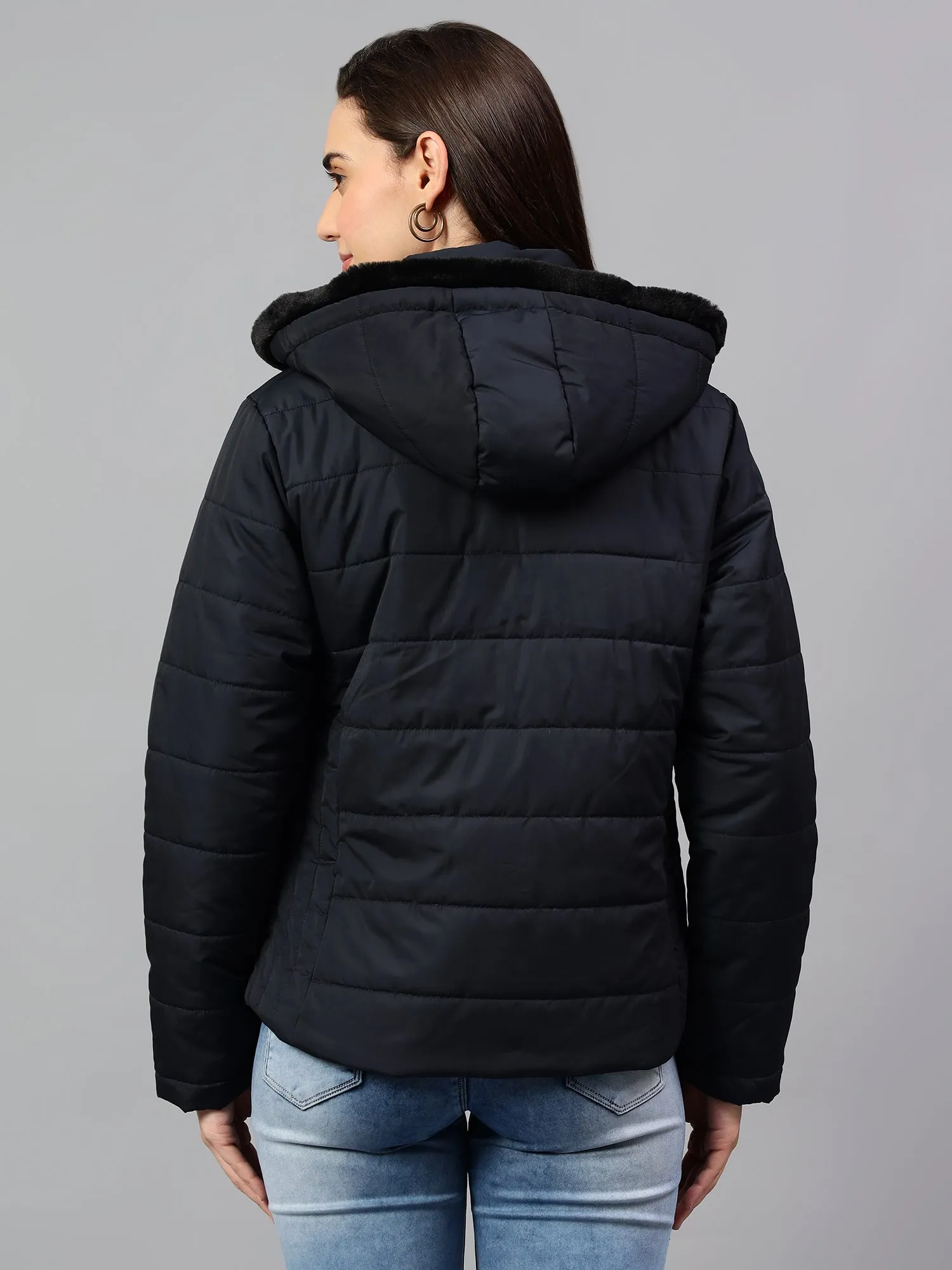 Women's Navy Blue Solid Full Sleeves Winter Jacket