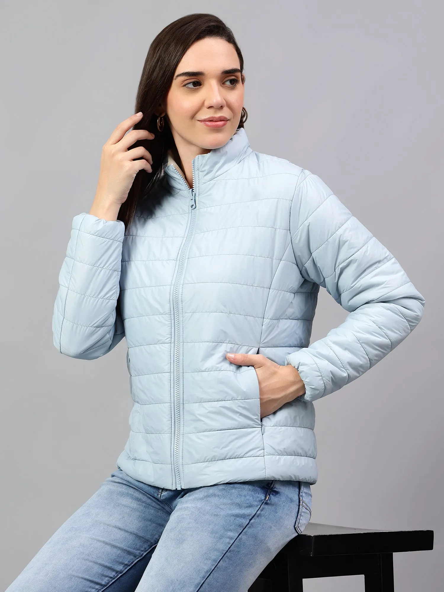 Women's Sky Blue and White Solid Reversible Winter Jacket